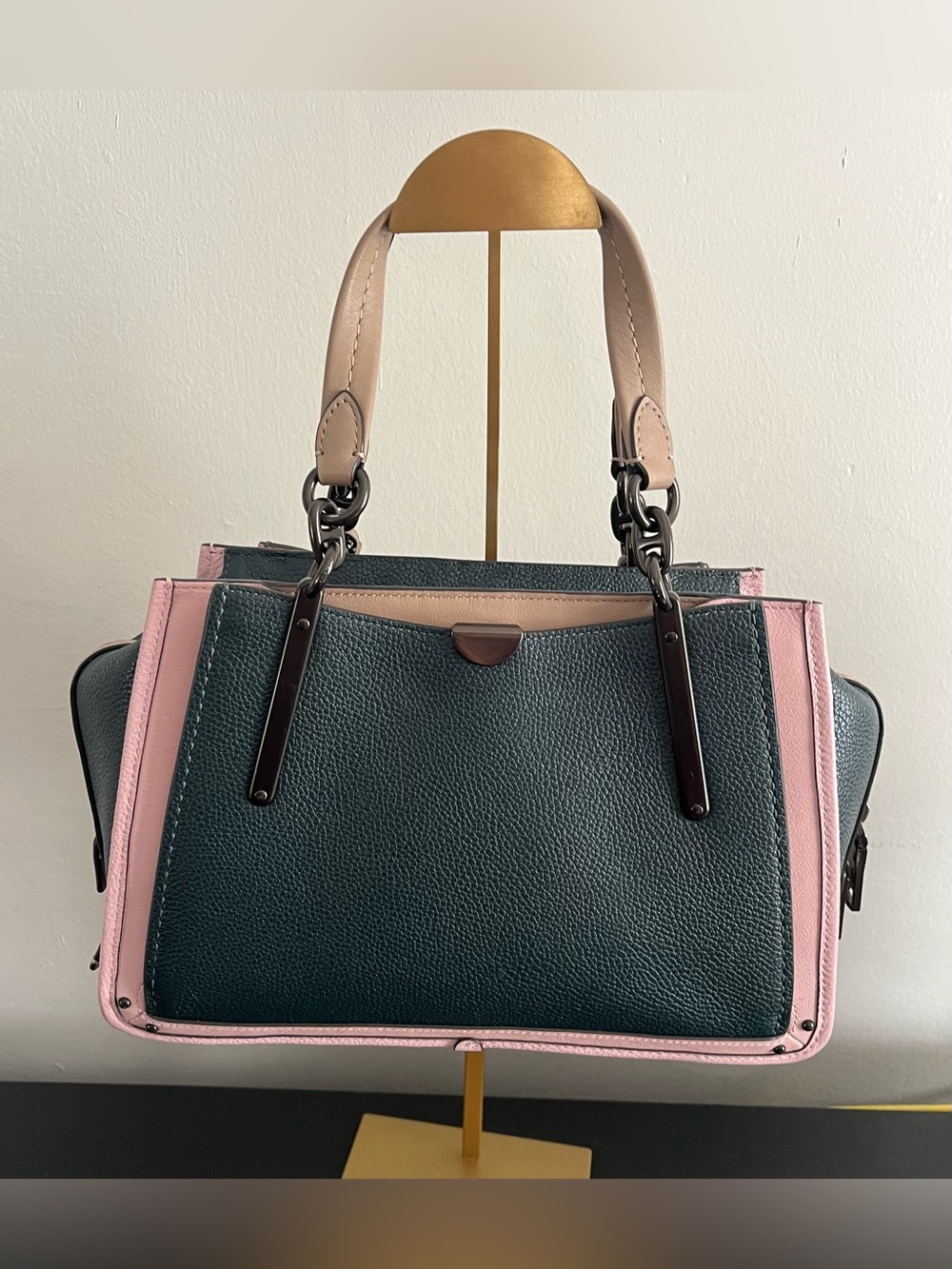 Coach Dreamer Pebbled Leather Satchel in Pine Green, Pink and Beige - Picture 5 of 10